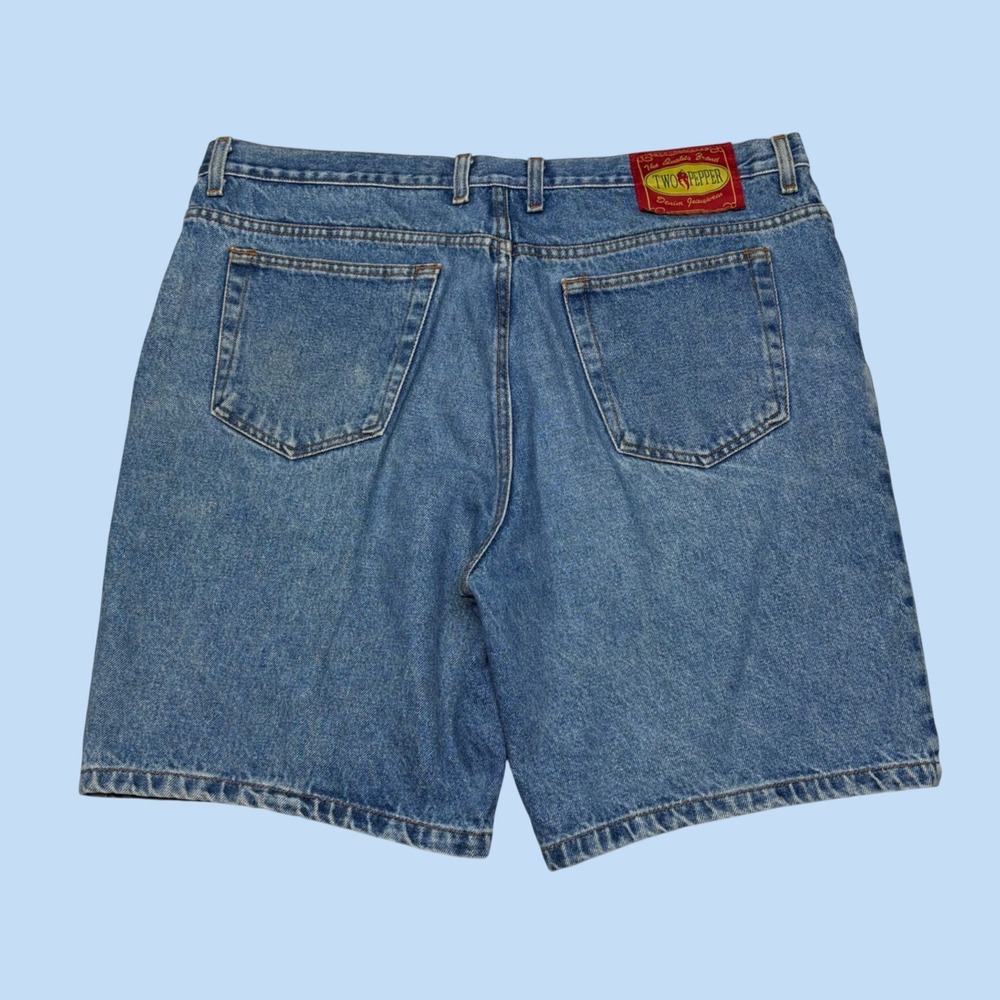 Two Pepper Mens Blue Denim Jean Shorts Size 38 Mid Wash Cotton Vintage 1694